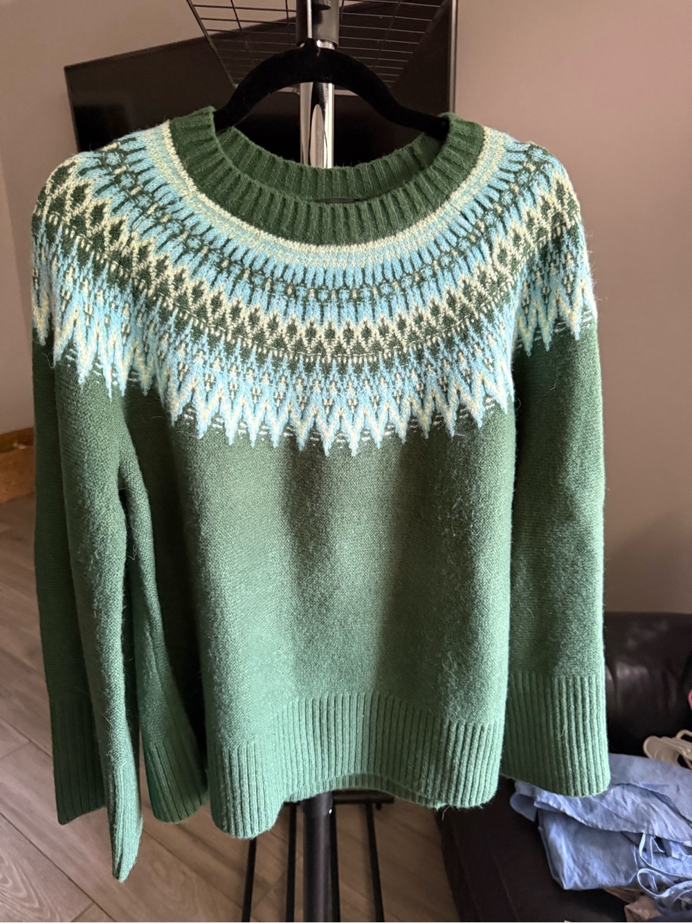Talbots Green Fair Isle Yoke Crewneck Sweater with Light Blue & Cream Accents